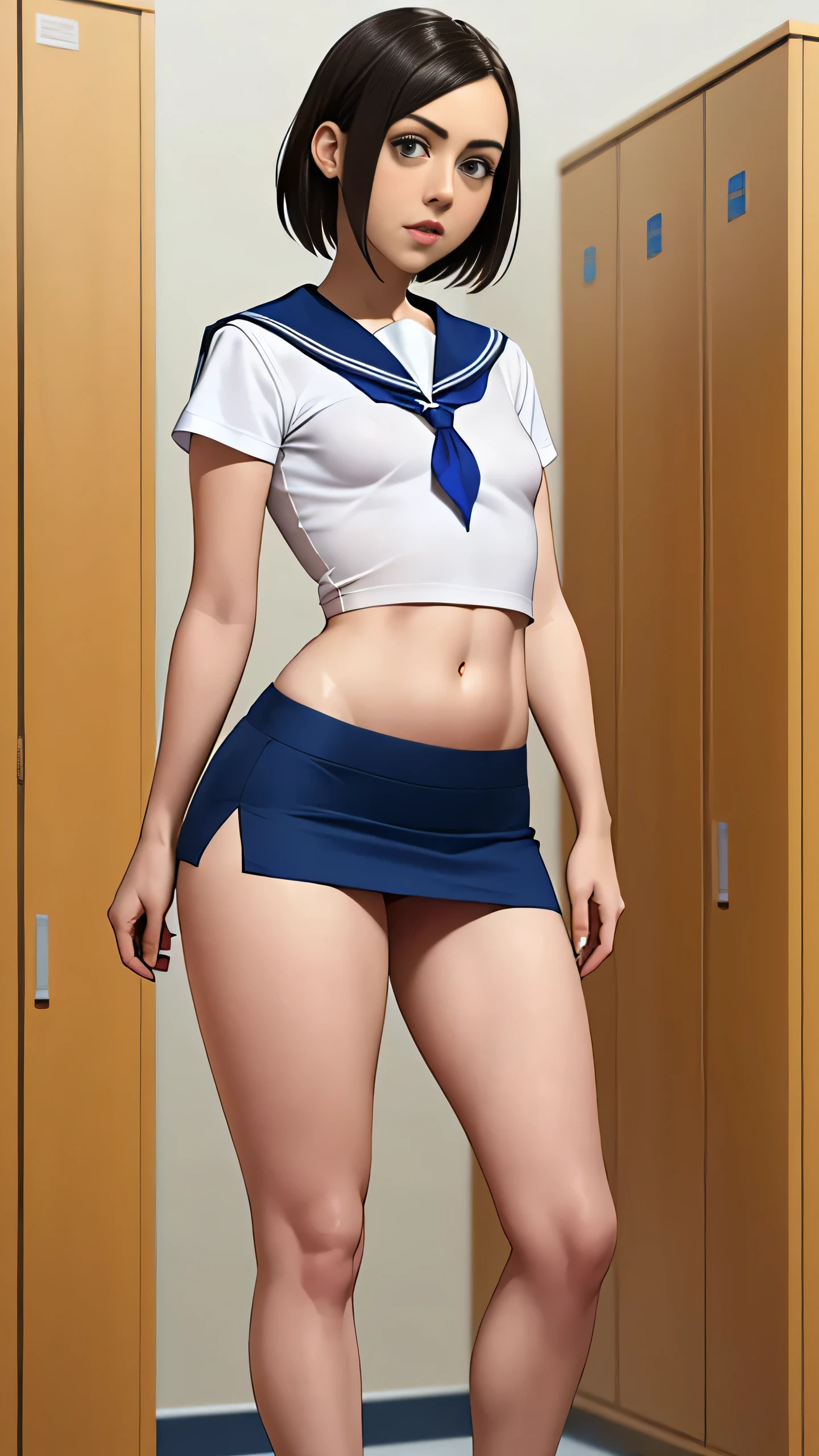 Aubrey Plaza, (Aubrey Plaza:1.5), masterpiece quality, (masterpiece quality:1.3), detailed, realistic, (realistic:1.3), 1girl, solo, (solo:1.9), alone, in a University locker room, school lockers in background, wearing sailor uniform, (sailor uniform:1.5), wearing white shirt, (white shirt:1.5), midriff, (midriff:1.5), wearing blue miniskirt, (blue miniskirt:1.5), bare legs, (bare legs:1.5), short hair, small breasts, (small breasts:1.5), thin body, 