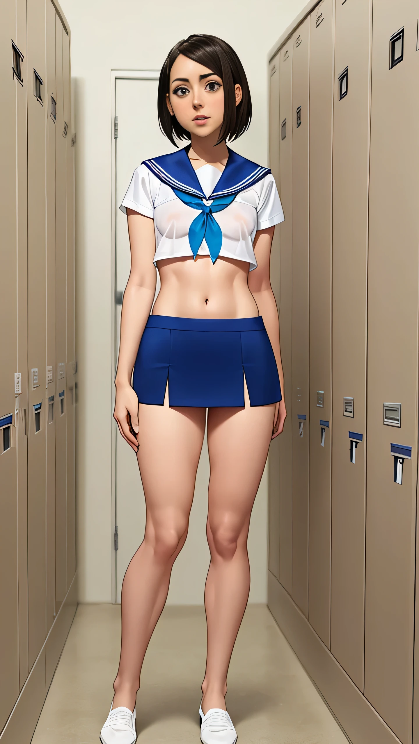 Aubrey Plaza, (Aubrey Plaza:1.5), masterpiece quality, (masterpiece quality:1.3), detailed, realistic, (realistic:1.3), 1girl, solo, (solo:1.9), alone, in a University locker room, school lockers in background, wearing sailor uniform, (sailor uniform:1.5), wearing white shirt, (white shirt:1.5), midriff, (midriff:1.5), wearing blue miniskirt, (blue miniskirt:1.5), bare legs, (bare legs:1.5), short hair, small breasts, (small breasts:1.5), thin body, 