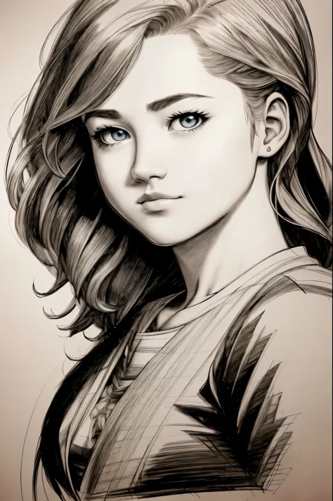 young emma robertson, intricate pencil sketch, expressive eyes, nose and mouth, un-zoom, jim lee (jim lee, alexey maleev) right,...