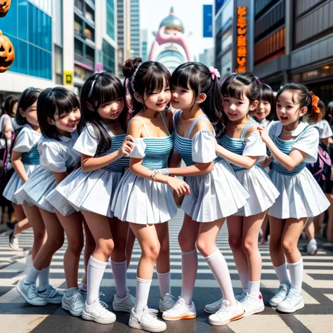 (((sfw, 12 kawaii girls in a row:1.2, shibuya hachiko-mae scramble crossing on halloween:1.2))), ((8k topquality masterpiece, ph...