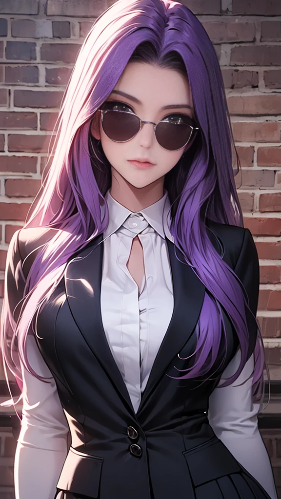 highest quality, masterpiece, high resolution,only {Black business suit:1.40} {tie:1.20} {sunglasses:1.25} {White gloves:1.15} { White shirt:1.10} {Black Skirt:1.15} good looking {Medusa_FGO:1.15} length_hair, purple_hair, very_length_hair, purple_eye, chest, big_chest, 1girl, solo, white background, brick wall backdrop, upper body, looking at viewer, bare arms, folded arms