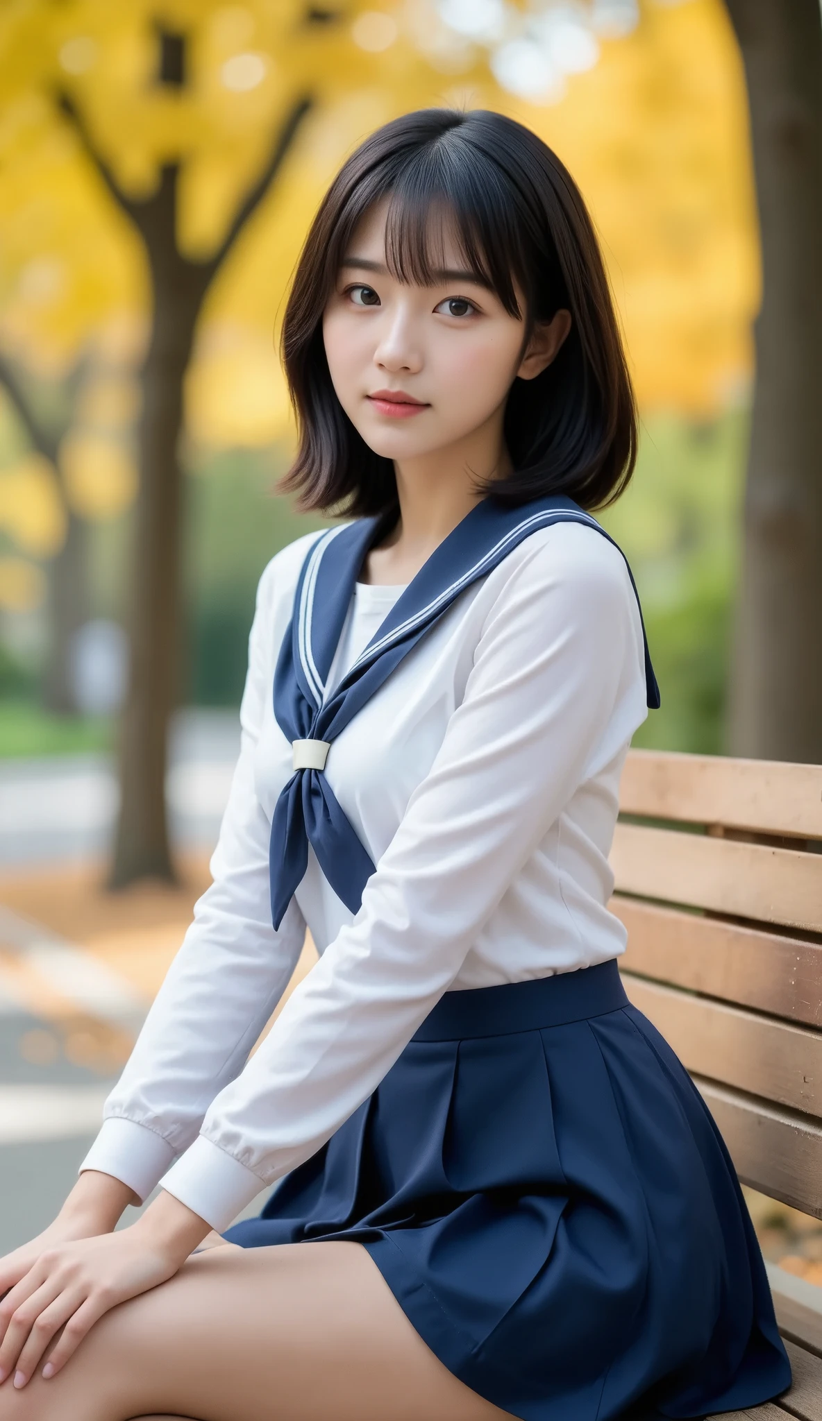 (masterpiece, best quality), 1girl, Alone, ,View your viewers, Young Japanese Woman, High school girl, Beauty, Super beautiful idol-like face, Beautiful slim figure like a model, Shiny black hair、With bangs、Slightly longer bob hair, (tight White shirt, Sailor school uniform, big breasts, Navy blue pleated skirt), Sitting on a bench in a beautiful autumn park, Real Photo