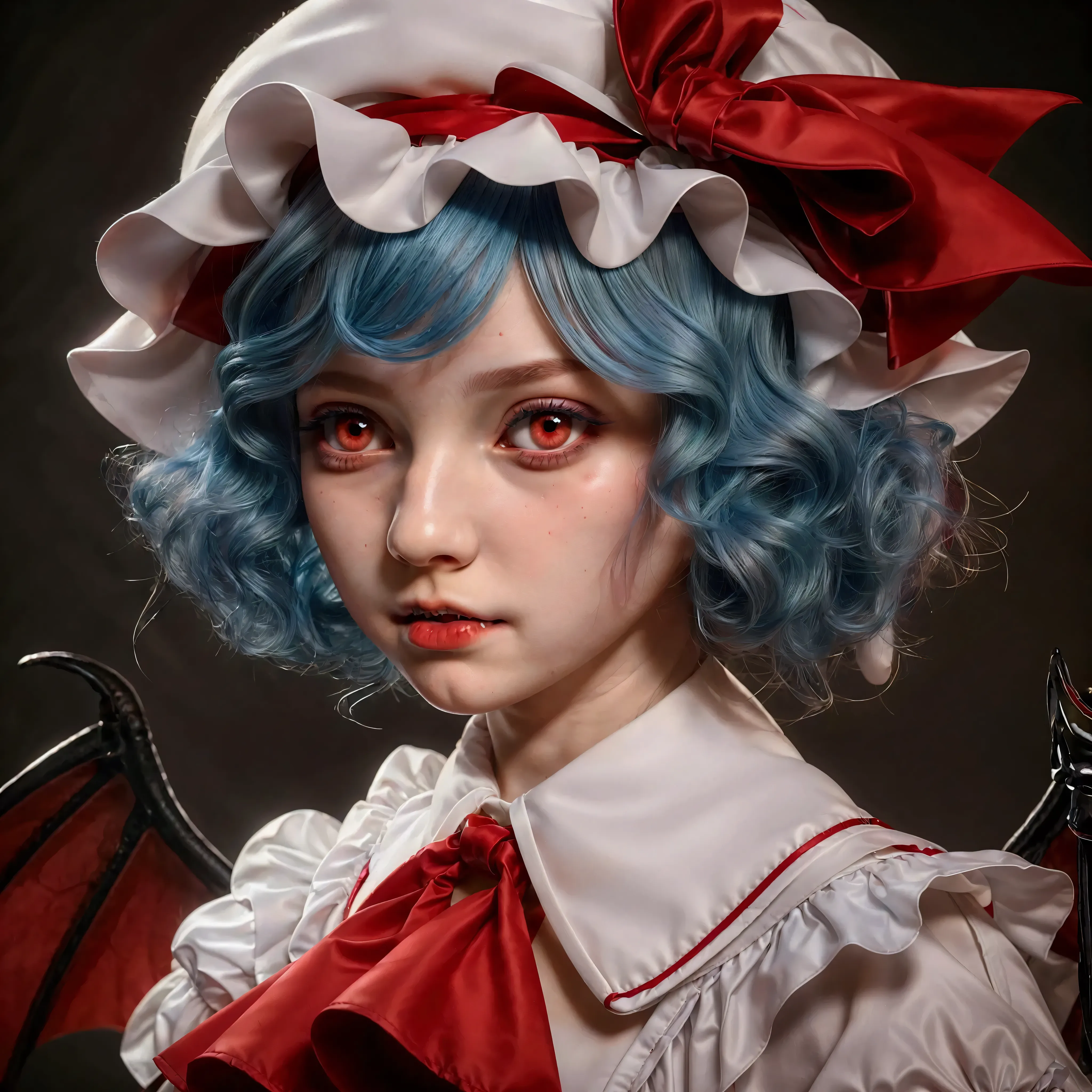 there is a young vampire child with a white frilly dress with red lining, red ascot, hyper realistic, stunning face portrait, re...