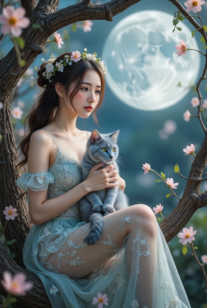 Why Floor, A cute girl made of flowers sitting on a branch，Holding a blue cat，There is a full moon behind，Fresh colors，Soft colors，Blurred Background，Highly detailed，Realistic，Realistic，Studio Photos，Highly detailed，Dynamic，，masterpiece，Complex，HDR，Abstract fractal，Romantic atmosphere