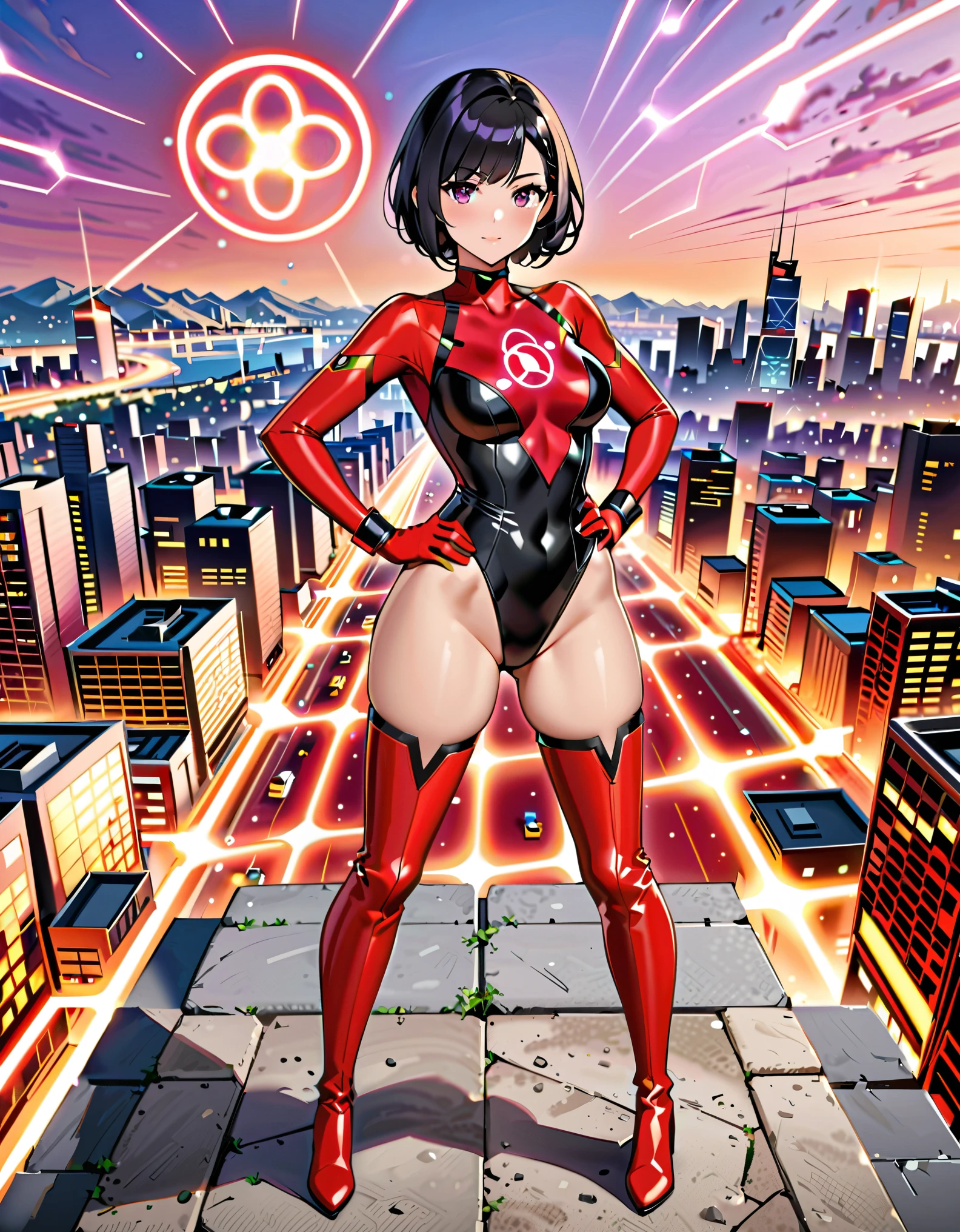 masterpiece, best quality, high resolution, professional, 8k, solo, solo focus, 1female, adult woman, cute and adorable woman, superhero, black hair, short hair, swept bangs, bob hair, purple eyes, beautiful detailed eyes, (leotard, black leotard, red bodysuit, (atomic particle symbol on chest:1.25), bare legs, matching boots, red thigh-high boots:1.2, wrist gloves:1.2, red bracelets:1.2), (body surrounded by atomic particles), hand on hip, city backdrop, standing, looking away, cowboy shot, perfect anatomy, full body costume design.