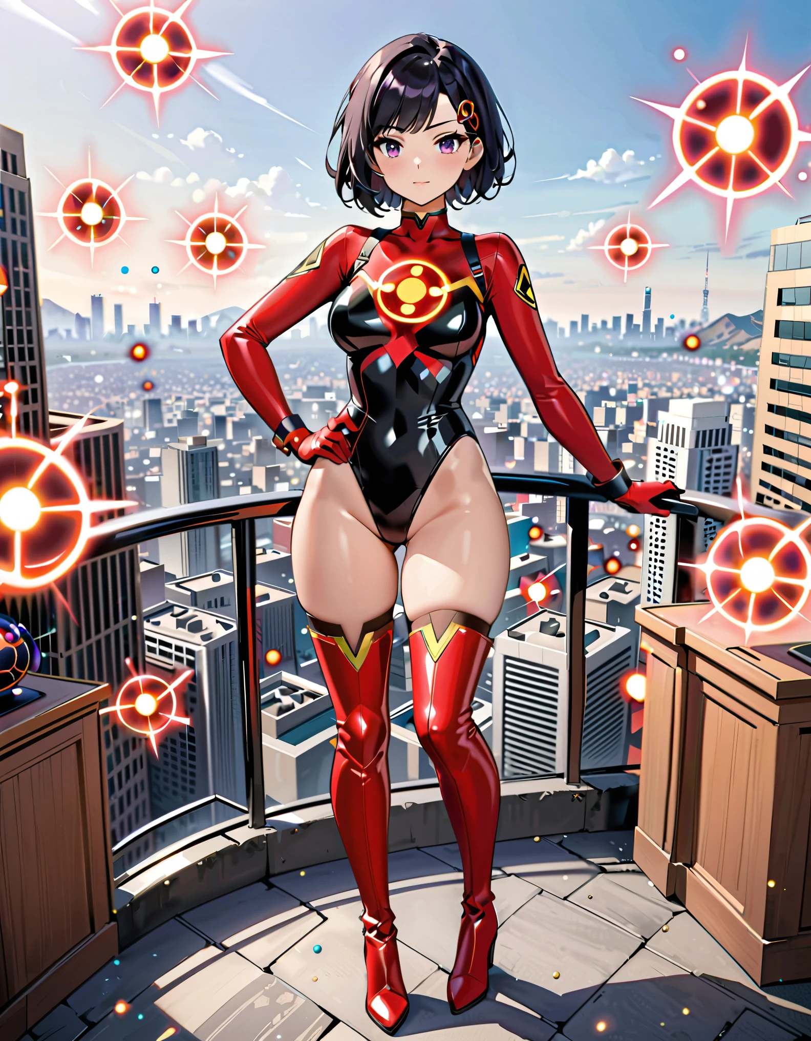 masterpiece, best quality, high resolution, professional, 8k, solo, solo focus, 1female, adult woman, cute and adorable woman, superhero, black hair, short hair, swept bangs, bob hair, purple eyes, beautiful detailed eyes, (leotard, black leotard, red bodysuit, (atomic particle symbol on chest:1.25), bare legs, matching boots, red thigh-high boots:1.2, wrist gloves:1.2, red bracelets:1.2), (body surrounded by tiny nuclear particles), hand on hip, city backdrop, standing, looking away, cowboy shot, perfect anatomy, full body costume design.