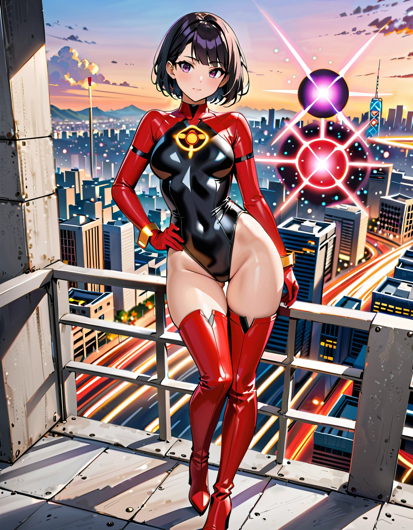 masterpiece, best quality, high resolution, professional, 8k, solo, solo focus, 1female, adult woman, cute and adorable woman, superhero, black hair, short hair, swept bangs, bob hair, purple eyes, beautiful detailed eyes, (leotard, black leotard, red bodysuit, (atomic particle symbol on chest:1.2), bare legs, matching boots, red thigh-high boots:1.2, wrist gloves:1.2, red bracelets:1.2), (body surrounded by tiny nuclear particles), hand on hip, city backdrop, standing, looking away, cowboy shot, perfect anatomy, full body costume design.