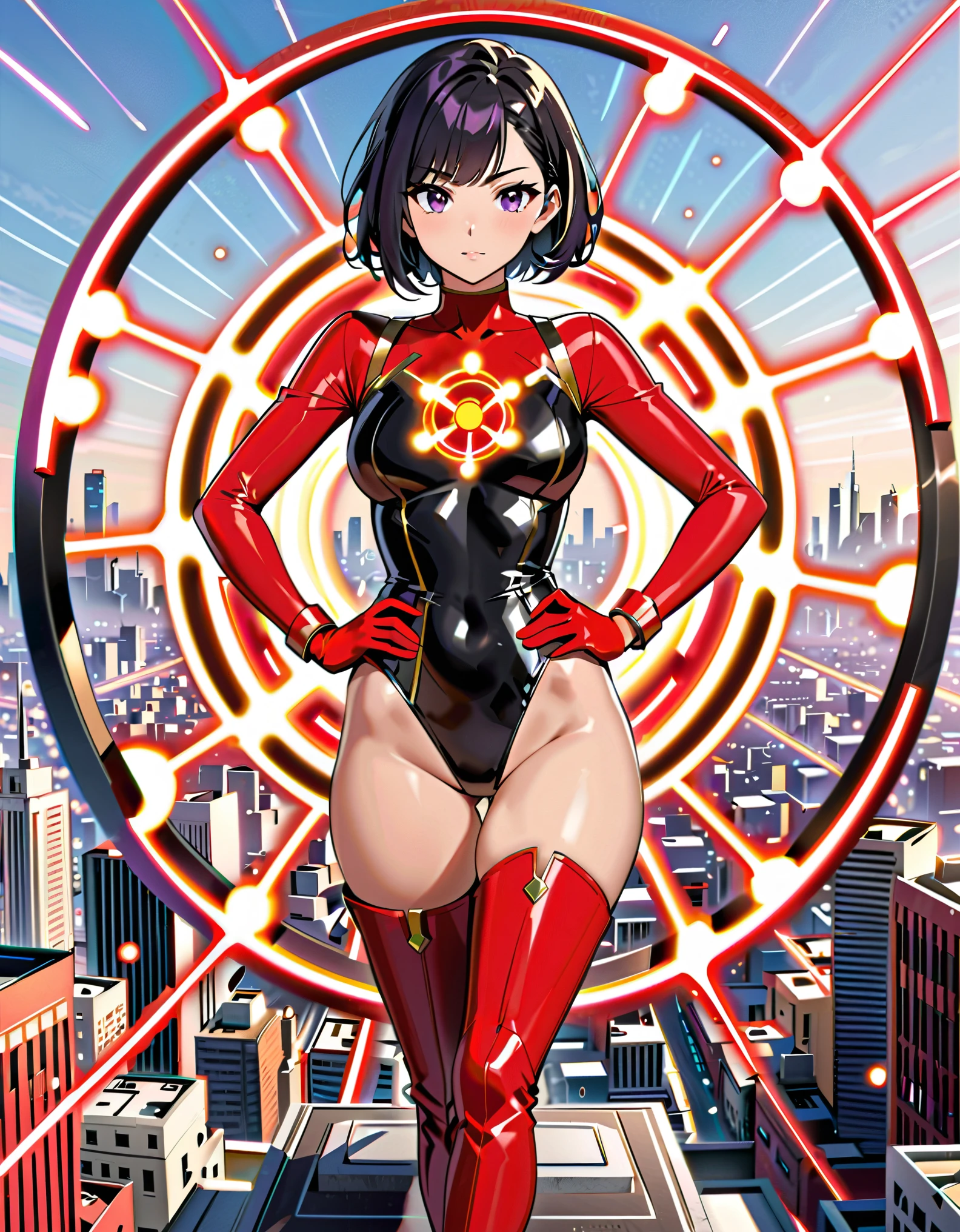 masterpiece, best quality, high resolution, professional, 8k, solo, solo focus, 1female, adult woman, cute and adorable woman, superhero, black hair, short hair, swept bangs, bob hair, purple eyes, beautiful detailed eyes, (leotard, black leotard, red bodysuit, (atomic particle symbol on chest:1.2), bare legs, matching boots, red thigh-high boots:1.2, wrist gloves:1.2, red bracelets:1.2), (body surrounded by tiny nuclear particles), hand on hip, city backdrop, standing, looking away, cowboy shot, perfect anatomy, full body costume design.