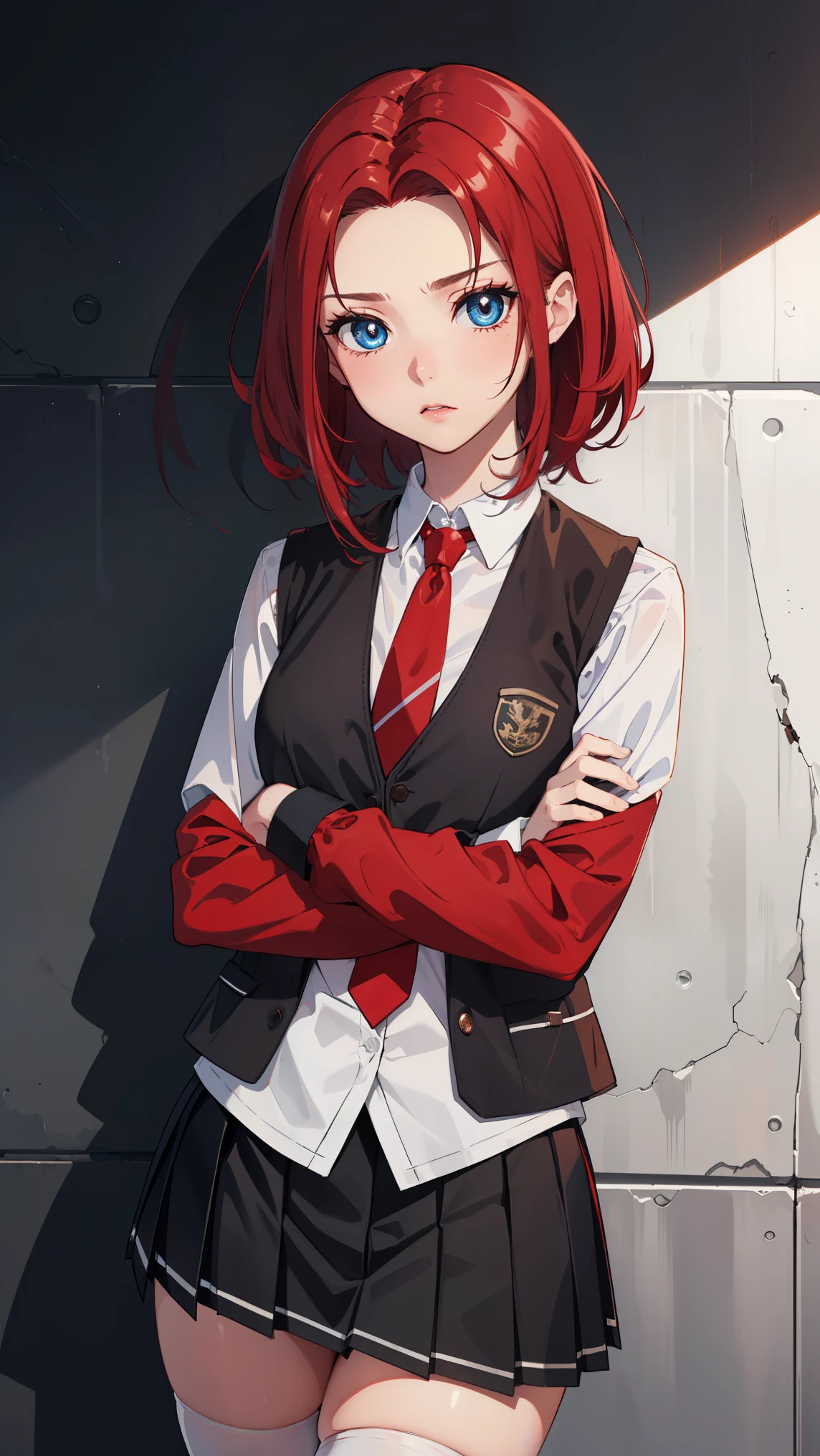 kallen stadtfeld, blue eyes, ((red hair:1.5)), short hair,
BREAK ((school uniform, red necktie, white shirt, pleated skirt, black skirt, white thighhighs, brown vest, long sleeves:1.5))
BREAK crossed arms,angry, pov,
BREAK (masterpiece:1.2), best quality, high resolution, unity 8k wallpaper, (illustration:0.8), (beautiful detailed eyes:1.6), extremely detailed face, perfect lighting, extremely detailed CG, (perfect hands, perfect anatomy),