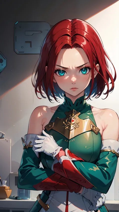 kallen stadtfeld, blue eyes, ((red hair:1.5)), short hair,
break ((bare shoulders, armor, breastplate, detached sleeves, gloves,...