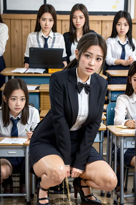 a female teacher pees in front of the blackboard during class、a female teacher pees in front of many students、a female teacher s...