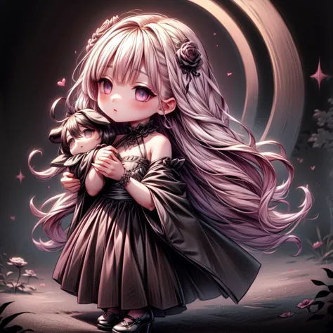 attractive face、chibi、、black clothes、long sleeves with flared cuffs、shoulders are exposed、one piece flare skirt、rabbit with stuf...