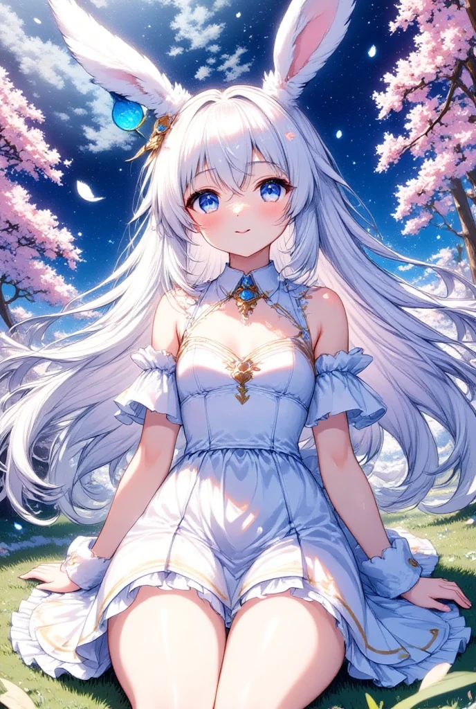 (beautiful girl: 1.3),One girl, Full Body Shot, Bunny Ears, usamimi guardian, Small breasts, Beautiful long silvery white hair, Her beautiful, loving eyes shine like jewels., Wearing a dress, skirt, フレアskirt, smile, Anime Fantasy, White hair fluttering, Fantasy Anime,Bunny Ears:1.5. Ethereal Anime, Beautiful anime art, Beautiful digital art, Anime Fantasyアートワーク, Anime Fantasyアートワーク, Sitting 美しい花が咲き誇る庭園:1.5, Sitting, masterpiece, Please redeem, Ultra-high resolution,Rich contrast,super high quality,8k,Highly detailed CG unit wallpaper,Texture,So ridiculous,Ultra-high resolution,RAW Photos,Please redeem anime,Depth of written boundary 1.2,Very detailed eyes,Glowing Skin,Glitter Effect,Beautiful glossy lips、Dark black eyeliner, (Sunburned skin:1.2),((cherry blossoms)),(cherry blossoms吹雪), ROUGH 