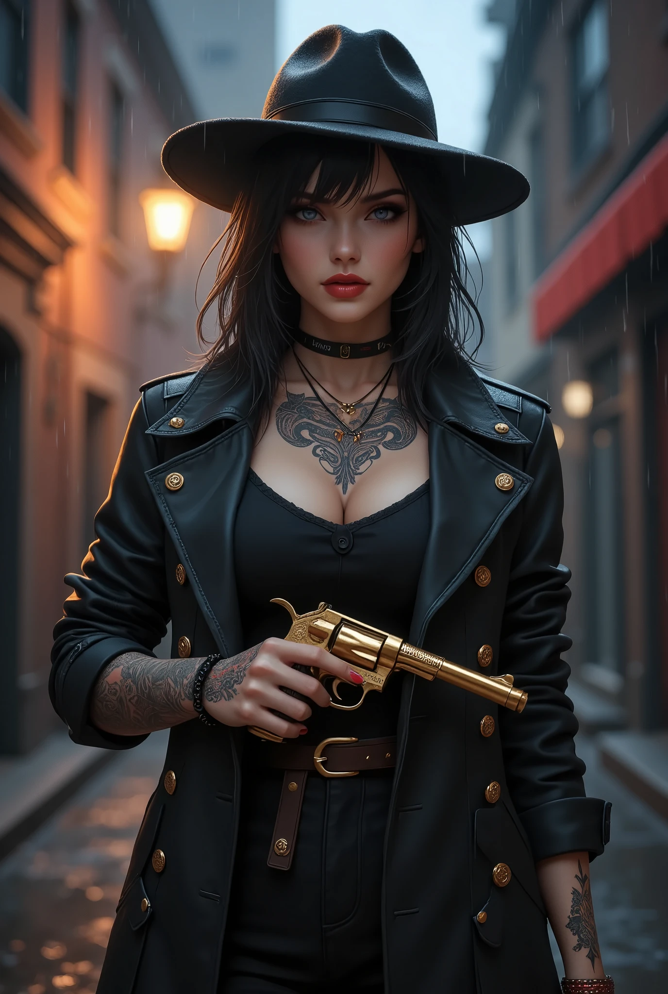 Female mob boss in a stylish trenchcoat, fedora hat, holding a big golden revolver, rain falling in a dark night city alley, illuminated by a single streetlight, serpent tattoo on her hand, noir atmosphere. Tattoos.
