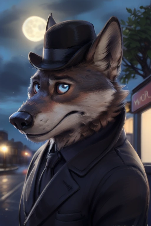 larry (zootopia), grey fur, (brown body:1.3), blue eyes, zootopia, canine, wolf, detailed fur, male, anthro, pawpads, finger claws, 5 fingers, paws, 4 toes, night, full moon, tail, red carpet, suit, black tie, wearing a Dor-15 black bowler hat with a red robotic eye in his frontal part, \(suit\), BREAK by bruteandbrawn, by personalami, by kenket, (intricate, high detail, film photography, soft focus, RAW candid cinema, photorealism, realistic, photorealistic, analog style, subsurface scattering, masterpiece, best quality, ultra realistic, 8k)