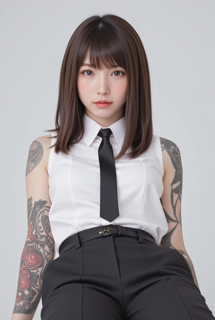 
((Tattooed Arm:1.2)), ((Chest tattoo:1.4)), ((A body covered in tattoos:1.2)),RAW Photos、Photorealistic、
((Lying down and looking at me:1.5)),White、Black trousers、White shirt、Black tie