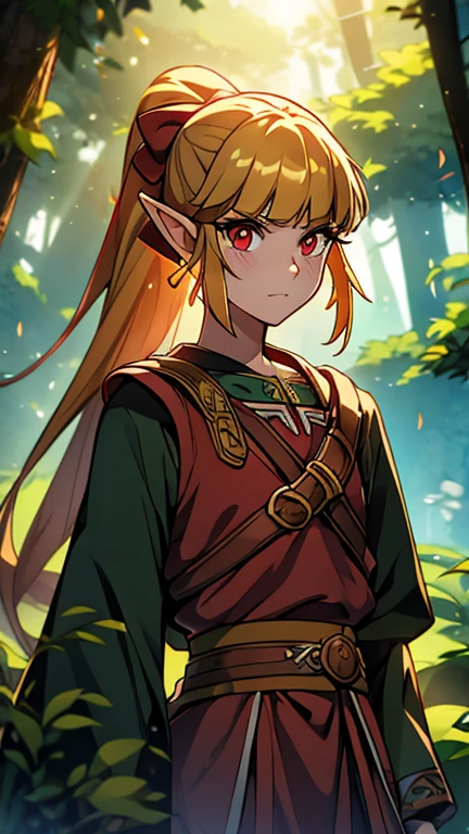 (1girl, Alone, ppgzmmk), (extremely detailed CG unit 8k wallpaper),(master part), (best quality), (ultra detail), (best illustration),(Xuer-Zelda-style), cowboy shot, (Sharp eyeliner, ombre, detailed eyes:1), forest, outdoors background, ,break,  (FanFo), upper body, long hair, blonde hair, hair bow, blunt bangs, ponytail, red eyes, bright pupils