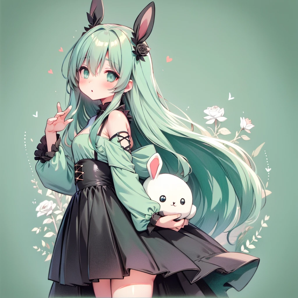 Attractive face、Chibi、(Beautiful Eyes、Detailed eyes)、Best Quality、The finest details、Mint Green Background、Black clothes、Long sleeves with flared cuffs、Shoulders are exposed、One piece flare skirt、Rabbit with stuffed toy、Black and mint green palette、Gothic Shoes、Positive、Black Rose、🌙、Perfect Anatomy、heart、