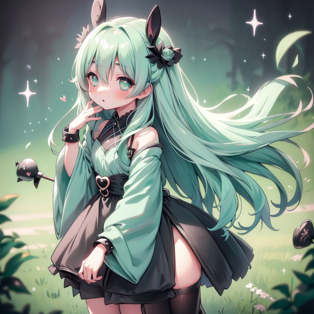 Attractive face、Chibi、(Beautiful Eyes、Detailed eyes、Sparkling eyes)、Best Quality、The finest details、Mint Green Background、Black clothes、Long sleeves with flared cuffs、Shoulders are exposed、One piece flare skirt、Rabbit with stuffed toy、Black and mint green palette、Gothic Shoes、Positive、Black Rose、🌙、Perfect Anatomy、heart、