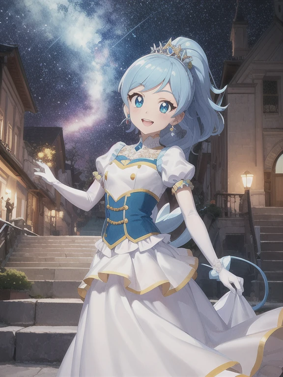 anime coloring, anime screencap,eyelashes, , (aikatsu!,:1.1)bright pupils, 
(floating,:1.2)running, 
outdoors, cute,(happy,  smile,;d:1.1)
,embroidery,gorgeous, 
castle,stairs
jewelry, earrings, 
starry sky,milky way,   light particles, magic,(glowing, transparent background,:1.3) 
blue hair, ,hair scrunchie, sidelocks, ponytail, 
 kiriya aoi,          dress, short sleeves, puffy sleeves
cinderella,,(princess:1.3),,lace trim, long skirt,white gloves, elbow gloves, virgin,(bridal:1.3) 
white dress,, (,tiara:1.3),  layered skirt,
(skirt_tail:1.5)