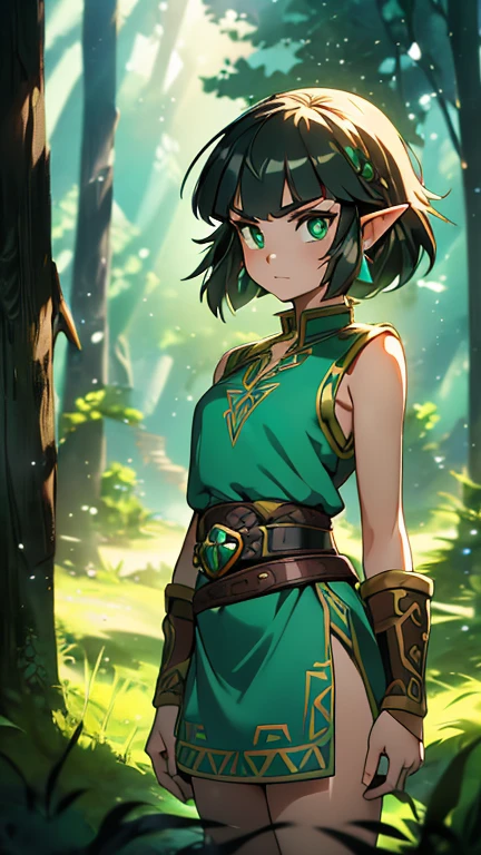 (1girl, Alone, ppgzkor), (extremely detailed CG unit 8k wallpaper),(master part), (best quality), (ultra detail), (best illustration),(Xuer-Zelda-style), cowboy shot, (Sharp eyeliner, ombre, detailed eyes:1), forest, outdoors background, ,break,  (FanFo), upper body, green eyes, bright pupil, black hair