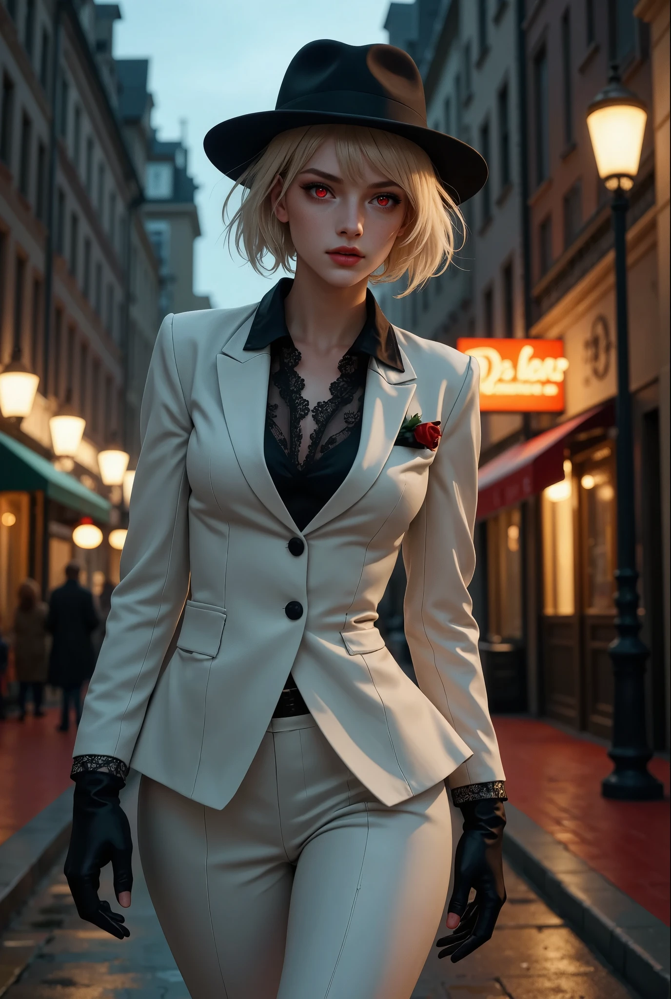 A striking female vampire exudes power and sophistication as she stands against a dark, shadowy background. Her short, sleek white hair peeks out from under a stylish black fedora, adding to her mafia boss aura. Her glowing red eyes pierce through the darkness with a commanding gaze. She is dressed in a sharp, tailored white suit with black lapels, exuding elegance and control. A blood-red pocket square and a rose pinned to her jacket add a vibrant contrast, while the lace detailing on her cuffs provides a subtle gothic touch. The image captures her deadly allure, blending the sinister grace of a vampire with the cool, calculated presence of a mafia leader. Every detail is rendered in high fidelity and ultra quality, with a cinematic composition that highlights her dominance and mysterious charm.