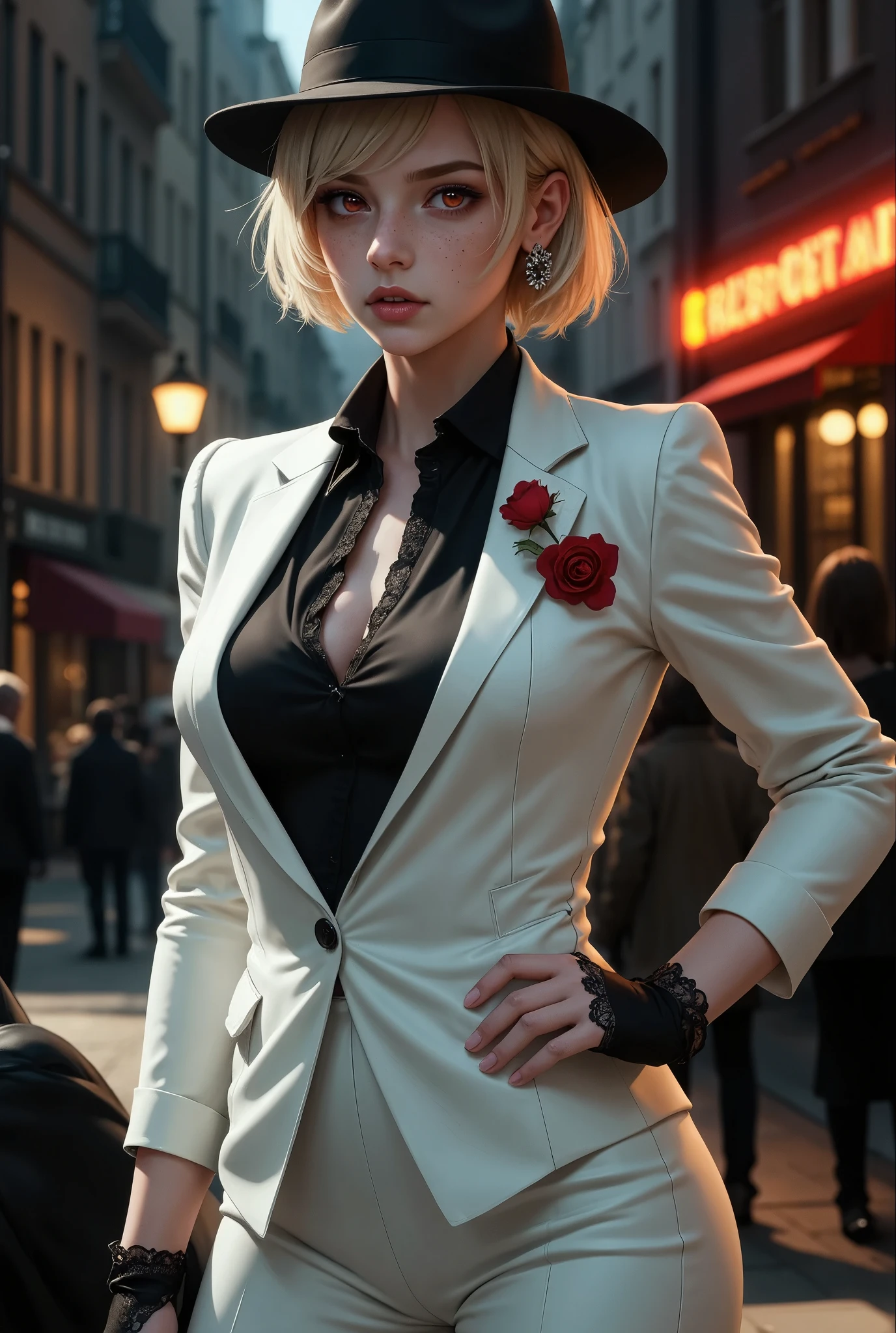 A striking female vampire exudes power and sophistication as she stands against a dark, shadowy background. Her short, sleek white hair peeks out from under a stylish black fedora, adding to her mafia boss aura. Her glowing red eyes pierce through the darkness with a commanding gaze. She is dressed in a sharp, tailored white suit with black lapels, exuding elegance and control. A blood-red pocket square and a rose pinned to her jacket add a vibrant contrast, while the lace detailing on her cuffs provides a subtle gothic touch. The image captures her deadly allure, blending the sinister grace of a vampire with the cool, calculated presence of a mafia leader. Every detail is rendered in high fidelity and ultra quality, with a cinematic composition that highlights her dominance and mysterious charm.