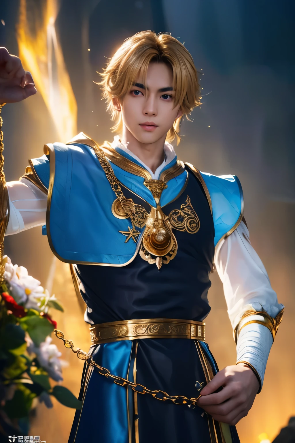 1boy, masterpiece, realistic, absurdres, best quality, high resolution, Kurapika, japanese boy, very handsome, perfect face, cute face, intricate detail, clear and beautiful detailed eyes, golden hair, shiny hair, (blue tabard:1.4), white shirt, gold trim, holdig a chain, chains flying, slim muscular, handsome muscle, detailed skin, perfect hand, good anatomy, looking at camera, action scene, dynamic pose, fantasy, night, tree, Moonlight at night, wilderness, flowers, skynight, studio lighting, soft light, upper body portrait, front view, Professional photography, 8K UHD,