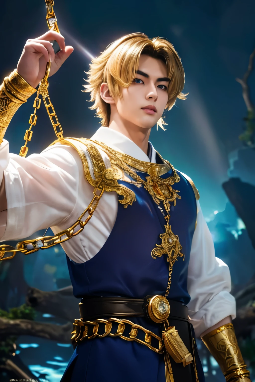 1boy, masterpiece, realistic, absurdres, best quality, high resolution, Kurapika, japanese boy, very handsome, perfect face, cute face, intricate detail, clear and beautiful detailed eyes, golden hair, shiny hair, blue tabard, white shirt, gold trim, holdig a chain, chains flying, slim muscular, handsome muscle, detailed skin, perfect hand, good anatomy, looking at camera, action scene, dynamic pose, fantasy, night, tree, Moonlight at night, wilderness, flowers, skynight, studio lighting, soft light, upper body portrait, front view, Professional photography, 8K UHD,