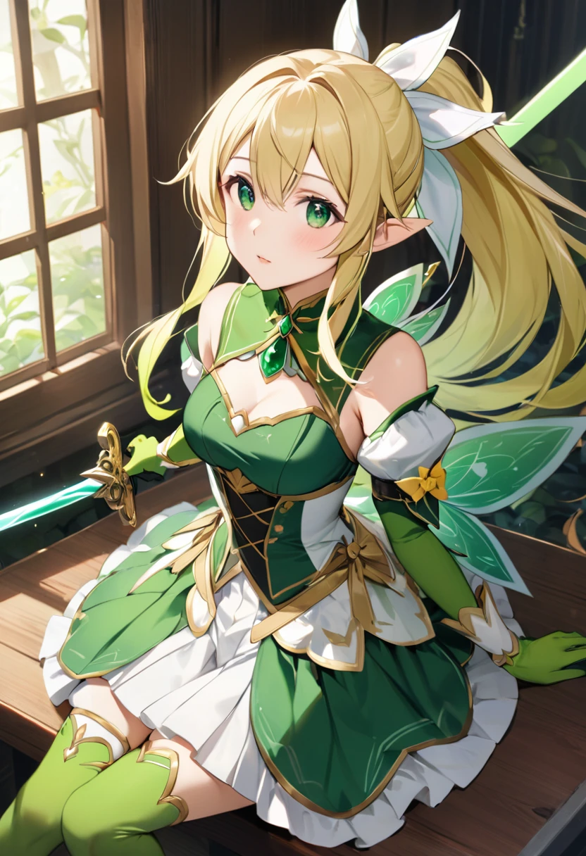 Please redeem、unity 8k wallpaper、32K、masterpiece、Very detailed、Ultra-high resolution、Very detailedな顔、RAW Photos、professional、Ultra-fine painting、Magical Fairy Swordsman Leafa、Blonde long hair、White hair ribbon、green eyes、Green magical girl costume、Blonde ponytail、White hair ribbon、Yellow ribbon with a large emerald brooch、White pleated skirt with green lines、Green and yellow long gloves、Green thigh-high stiletto heel boots with gold molding、