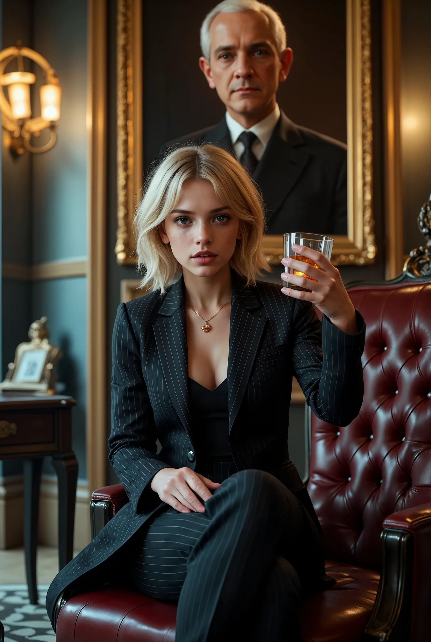 A high-fidelity, ultra-detailed photograph captures a young matriarch, the powerful boss of a mafia crime family, seated on an opulent, dark leather couch in a dimly lit, shadowy room. Her beauty is striking, with soft, youthful features that contrast sharply with the intense determination in her piercing gaze. Dressed in a tailored, pinstripe suit with sharp lines that project authority, she sits with relaxed confidence, one leg crossed over the other. In her hand, she delicately holds a glass of exotic, amber-colored liquor, swirling it slowly as she surveys her surroundings with calm command.

Behind her, a large, authoritative portrait of her grandfather looms, his eyes cold and calculating, watching over the room as a reminder of the legacy she upholds. The atmosphere is dark and atmospheric, with heavy shadows creating an aura of mystery and danger. The luxurious leather couch, with its rich texture and detailed craftsmanship, adds to the scene’s sense of wealth and power. Soft light from a single source highlights her face and the glass in her hand, capturing the subtle reflections of the liquor within. The room is filled with a palpable sense of control and intimidation, blending her youthful beauty with the weight of her responsibility as mafia boss. Every detail, from the fine leather of the couch to the texture of her suit, is rendered with stunning precision, creating a cinematic portrait of dominance and allure.