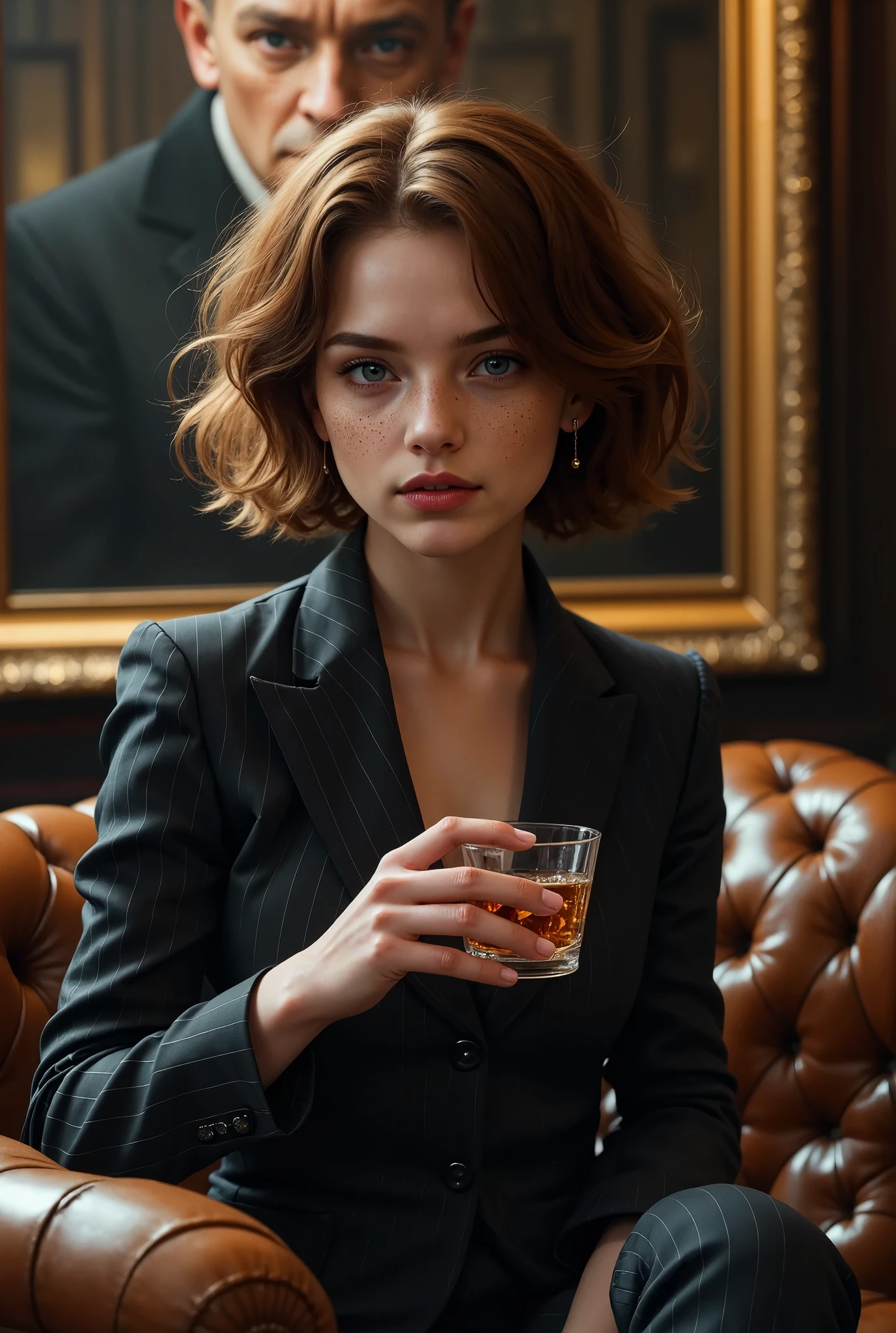 A high-fidelity, ultra-detailed photograph captures a young matriarch, the powerful boss of a mafia crime family, seated on an opulent, dark leather couch in a dimly lit, shadowy room. Her beauty is striking, with soft, youthful features that contrast sharply with the intense determination in her piercing gaze. Dressed in a tailored, pinstripe suit with sharp lines that project authority, she sits with relaxed confidence, one leg crossed over the other. In her hand, she delicately holds a glass of exotic, amber-colored liquor, swirling it slowly as she surveys her surroundings with calm command.

Behind her, a large, authoritative portrait of her grandfather looms, his eyes cold and calculating, watching over the room as a reminder of the legacy she upholds. The atmosphere is dark and atmospheric, with heavy shadows creating an aura of mystery and danger. The luxurious leather couch, with its rich texture and detailed craftsmanship, adds to the scene’s sense of wealth and power. Soft light from a single source highlights her face and the glass in her hand, capturing the subtle reflections of the liquor within. The room is filled with a palpable sense of control and intimidation, blending her youthful beauty with the weight of her responsibility as mafia boss. Every detail, from the fine leather of the couch to the texture of her suit, is rendered with stunning precision, creating a cinematic portrait of dominance and allure.