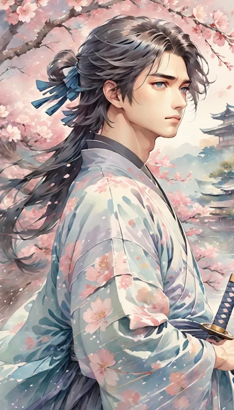 a young, handsome japanese samurai with long, flowing black hair, depicted in a pastel watercolor anime style. his hair sways ge...