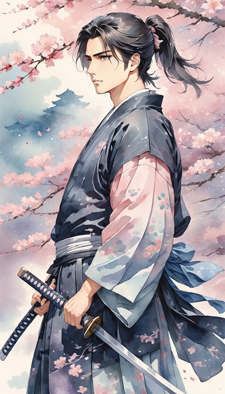 A young, handsome Japanese samurai with long black hair tied in a loose ponytail, depicted in a pastel watercolor anime style. His hair sways gently in the breeze, giving him a soft, introspective appearance. He is dressed in a dark haori and hakama, with subtle samurai armor details beneath, while his hand rests lightly on the hilt of his katana. His expression is calm but slightly melancholic, with his eyes reflecting both strength and emotion. The background features soft, muted pastel tones of pinks, blues, and purples, with cherry blossom petals falling gently around him. The watercolor effect uses flowing, gentle colors to create a serene and nostalgic atmosphere, emphasizing his elegant yet emotional aura.