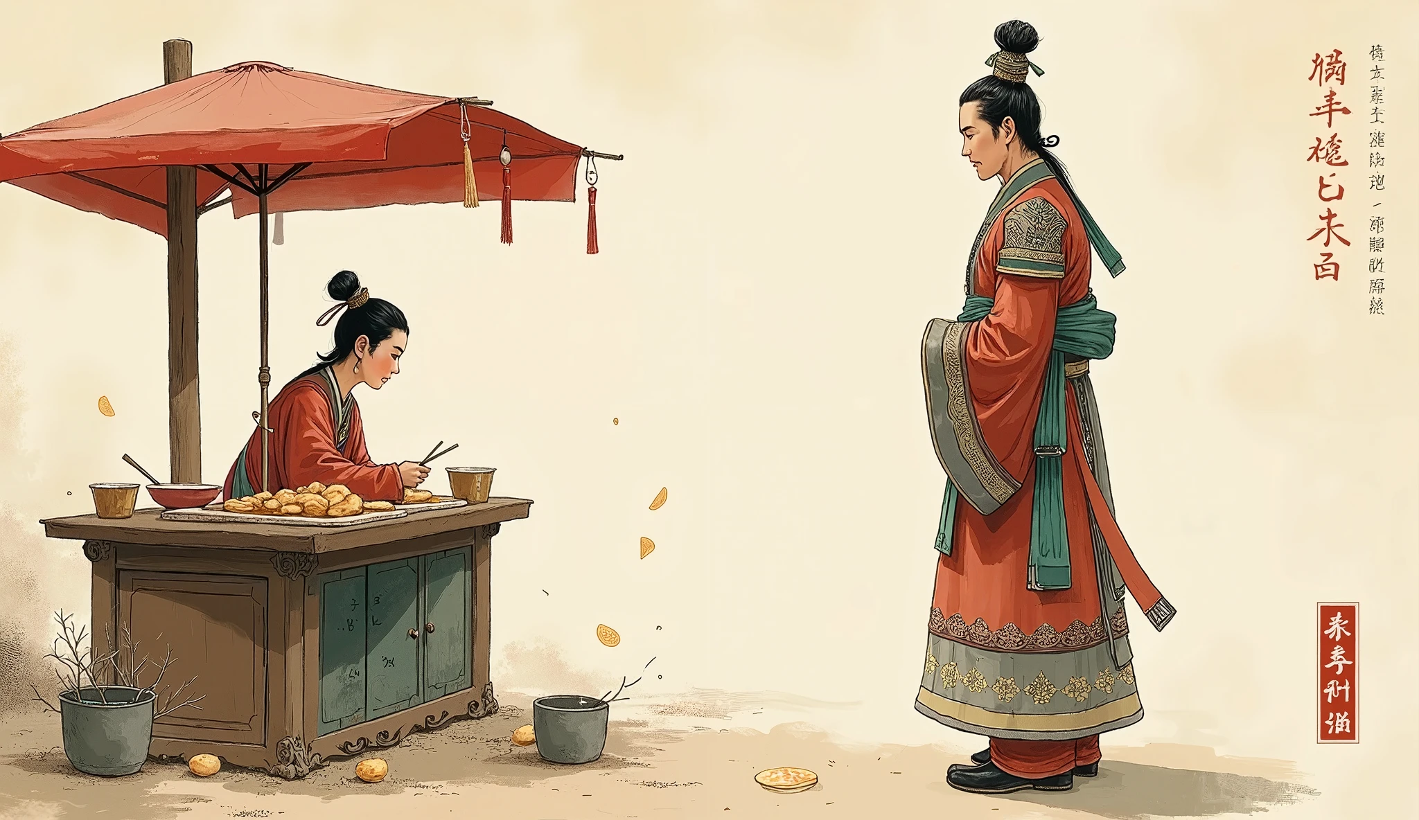 A middle-aged man from the Tang Dynasty of China，No beard，Wearing gorgeous Tang Dynasty royal clothing and shoes，Looking at a beautiful 30-year-old woman standing behind a pancake stall，Women dressed simply，Simple illustration，Hand-drawn style，Correct picture perspective，George Barbier In this Chinese ink wash painting following the style