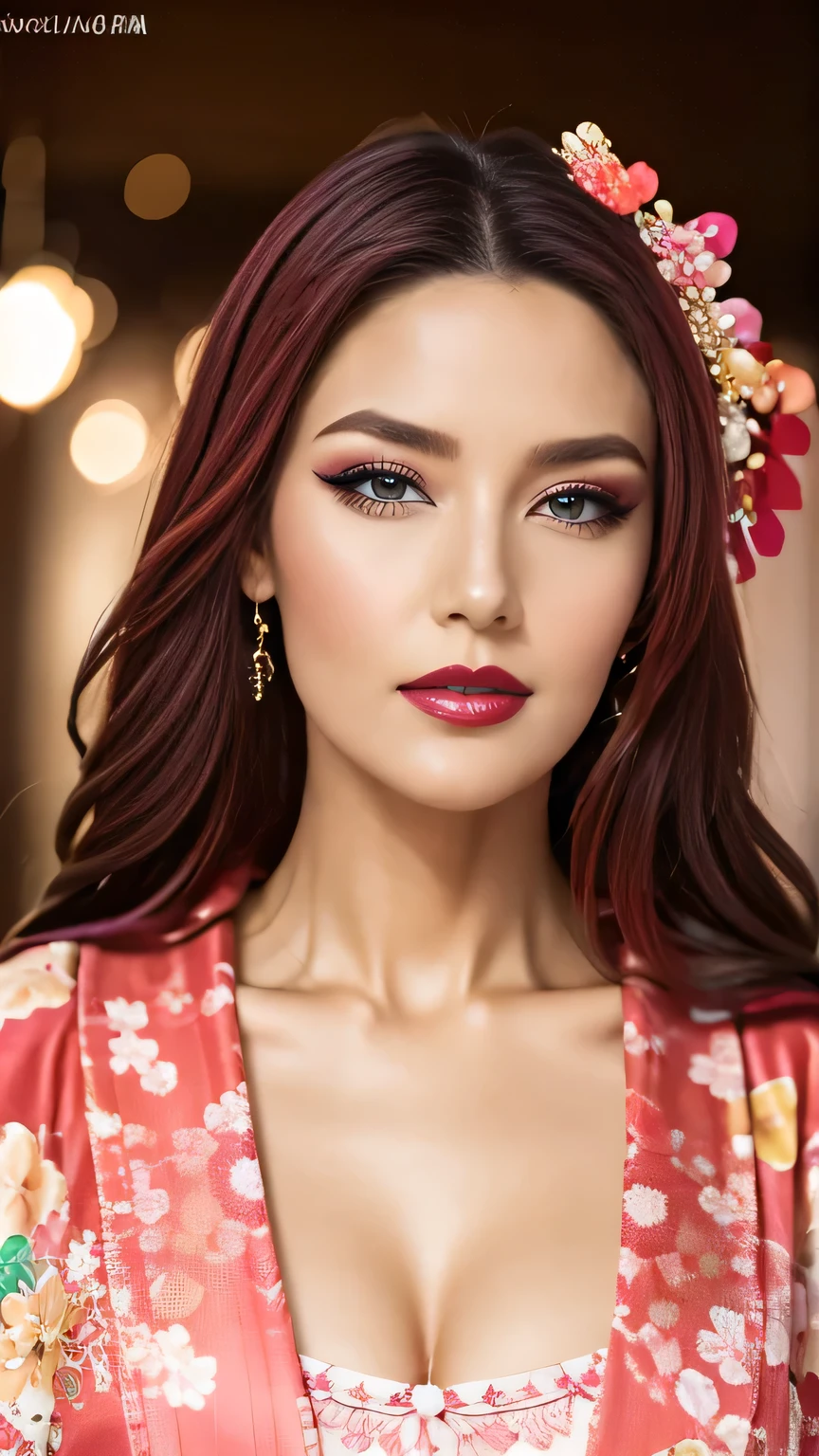 Realistic, Highest quality, 8k, woman, 40-year-old, Sakura pattern kimono, Large Bust, Long Hair, Ultra-detailed skin textures, Soft Lighting, Fairy, Bokeh, Coral Lipstick, Sensual Lipstick, Sensational Make up 