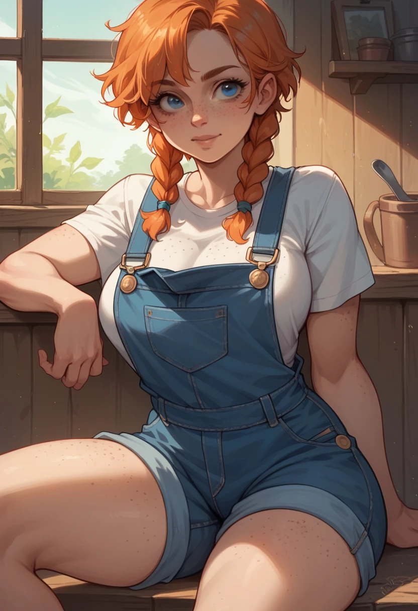 Sexy girl, curvy, Orange hair, two long braids hair, freckles on the face, freckles on breast, freckles on legs, Big freckles, very short hair, blue eyes, overalls