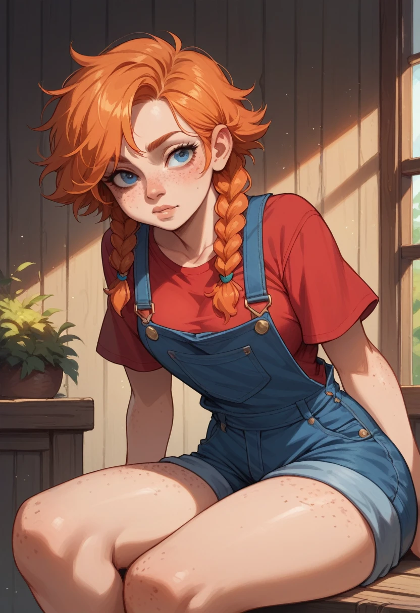 Sexy girl, curvy, Orange hair, two long braids hair, freckles on the face, freckles on breast, freckles on legs, Big freckles, very short hair, blue eyes, overalls, shorts, Open red shirt