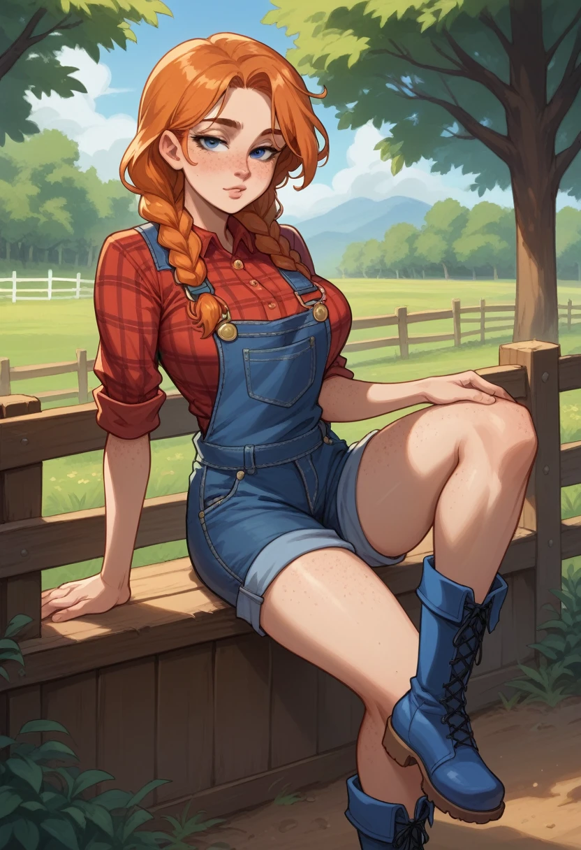 Sexy girl, slender body, large breast, Orange hair, long hair, two long small braids hair, freckles on the face, freckles on breast, freckles on legs, Big freckles, blue eyes, overalls, shorts, button shirt, red plaid shirt, Big black eyebrows, half closed eyes, walk in farm, blue boots