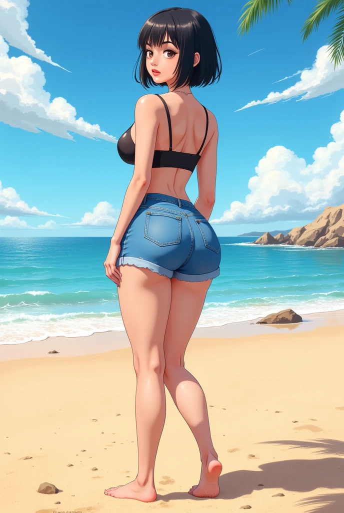 A anime illustration of a woman wearing denim shorts, from behind, bare feet, crop top, short black bob hair, round ass, in the beach