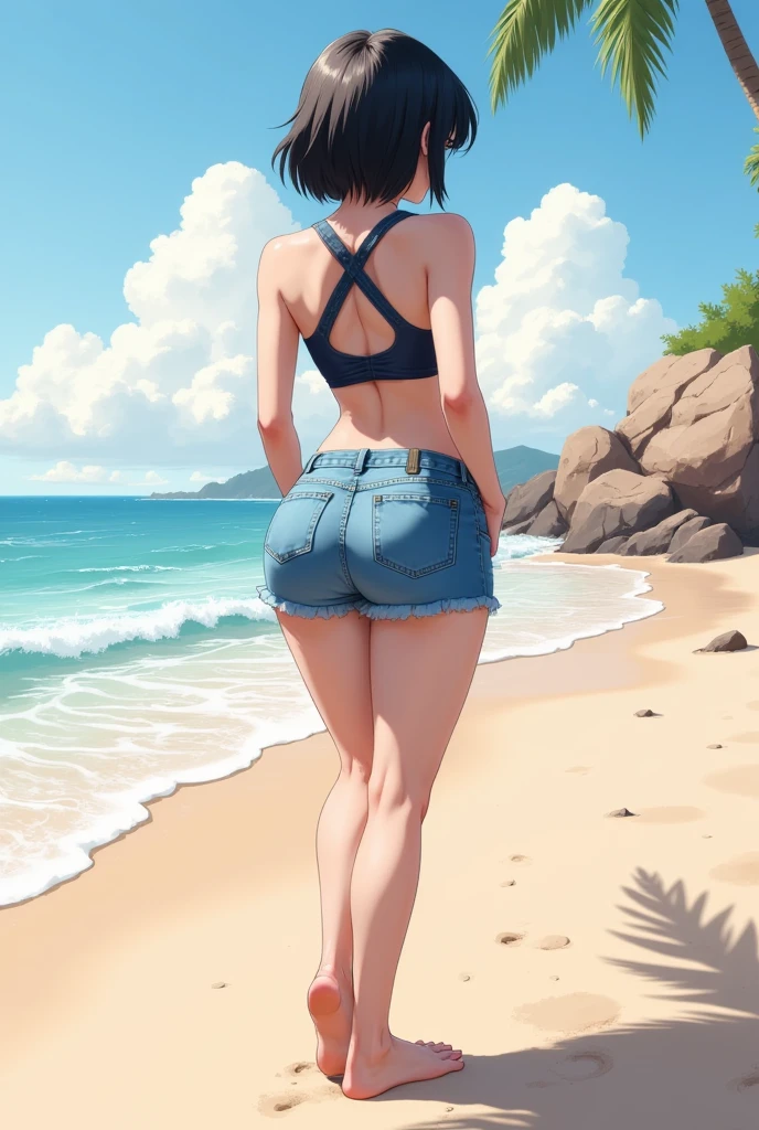 A anime illustration of a woman wearing denim shorts, from behind, bare feet, crop top, short black bob hair, round ass, in the beach, round ass