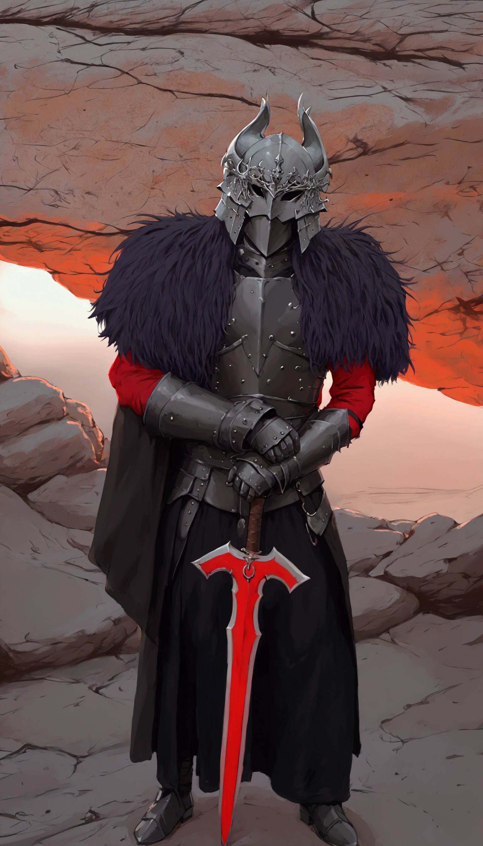 Demon Black helmet,arafed knight in full armor standing in front of a rock formation, anthropomorphic raven knight, black and reddish color armor, black fur armor, clothed in ancient battle armor, berserk skullknight black armor, flowing robes and leather armor, wearing techwear and armor, black leather armour, detailed viking rune armor, black full plate armor