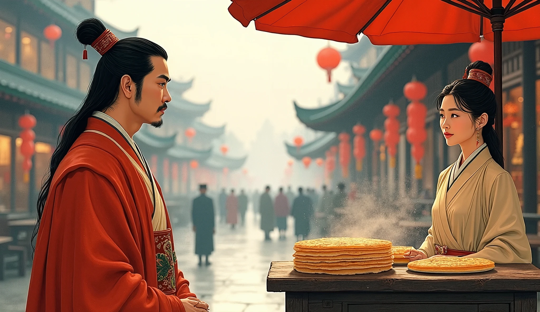 A middle-aged man from the Tang Dynasty of China，(((No beard)))，Wearing Tang Dynasty royal attire，Looking at a beautiful 30-year-old woman standing behind a pancake stall，Women dressed simply，Chinese Tang Dynasty Street，Correct picture perspective，George Barbier In this Chinese ink wash painting following the style，No modern items,Simple illustration，Picture Books，Painting style