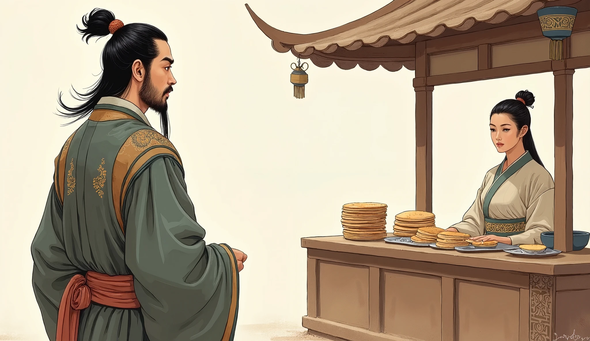 China Tang Dynasty，Simple illustration，Simple background，一个China Tang Dynasty男人，Looking at a woman standing behind a pancake stall，Picture Books，Painting style