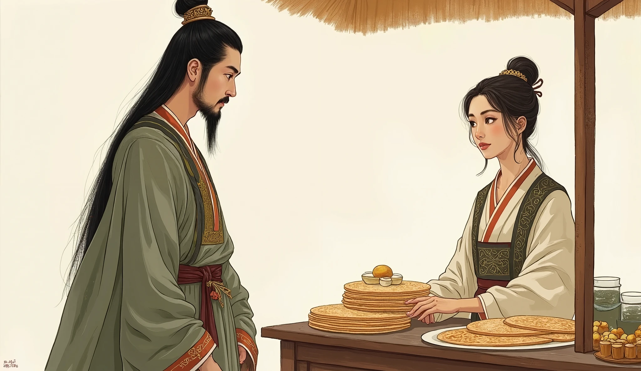 China Tang Dynasty，Simple illustration，Simple background，一个China Tang Dynasty男人，Looking at a woman standing behind a pancake stall，Picture Books，Painting style