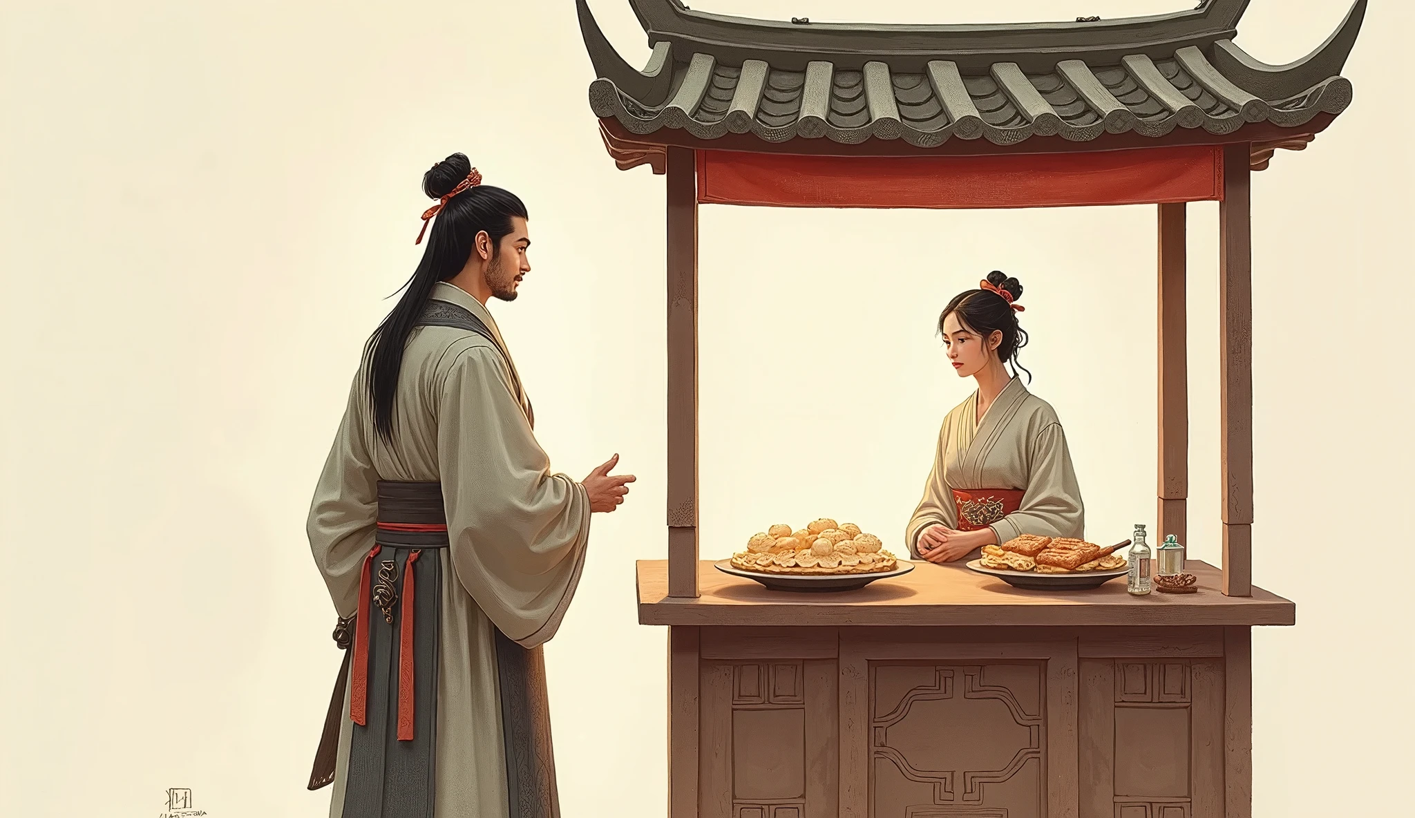 China Tang Dynasty，Simple illustration，Simple background，一个China Tang Dynasty男人，Looking at a woman standing behind a pancake stall，Picture Books，Painting style