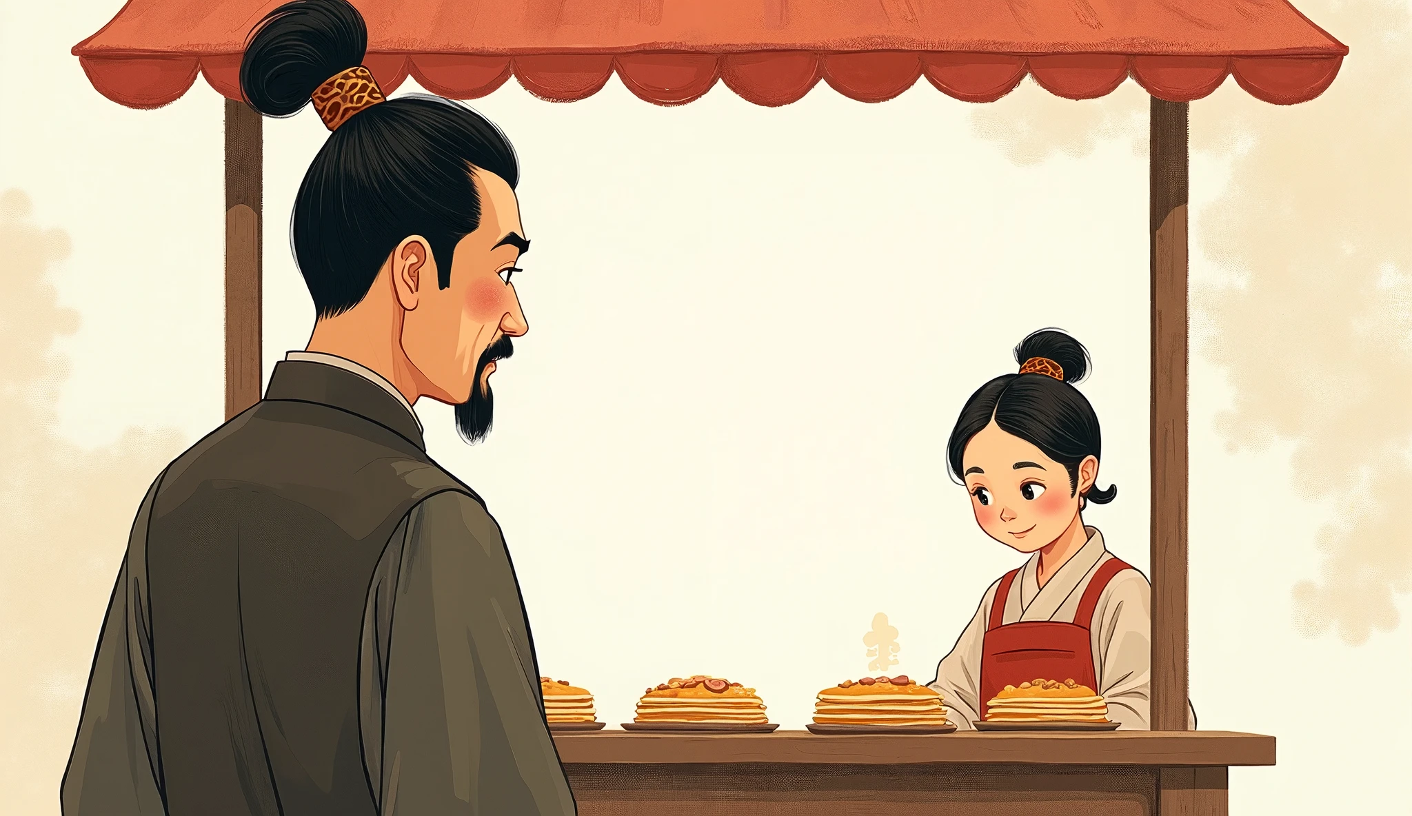 China Tang Dynasty，Simple illustration，Ink style，Simple background，一个China Tang Dynasty当官的男人，Looking at a woman standing behind a pancake stall，Picture Books，Painting style，Perfect facial contour，