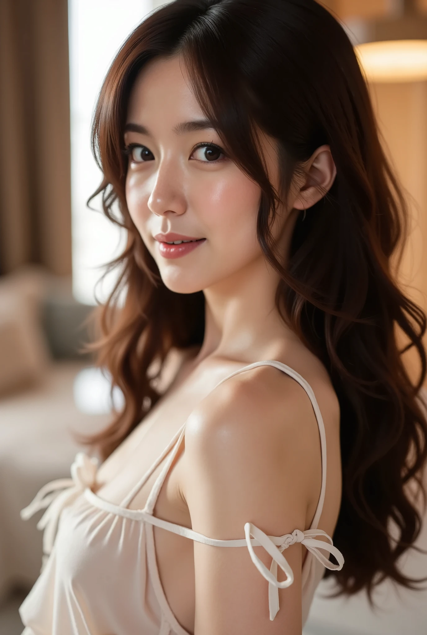 A serene Portrait of a East-asian woman in Hotel room,she has long brown hair , wearing a white elegant Blause with ribbon-tie, ((grin)),