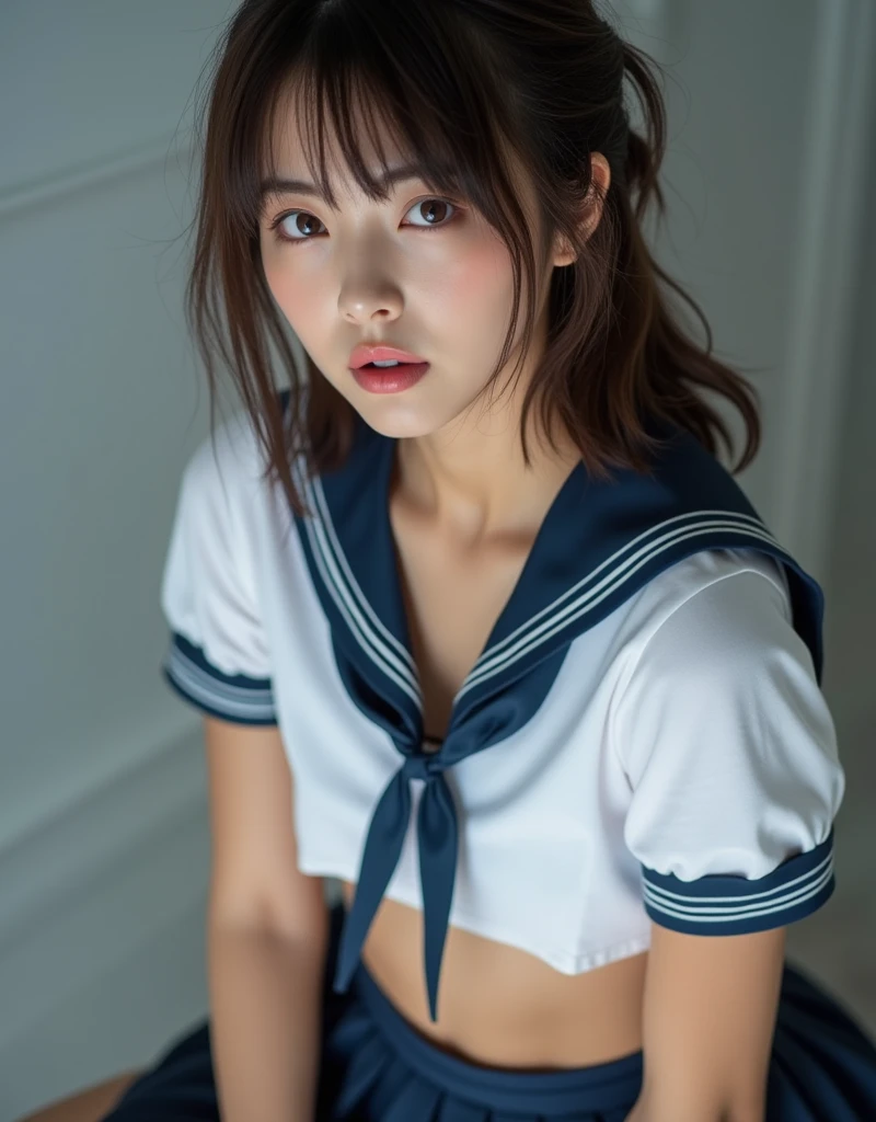 Perfect composition, Proper placement, close up, Beautiful Japanese Women, Brown Hair, Shaggy Cut Hair, brown eyes:1.21, Clear Eyes,  Perfect beauty, Makeup, Pink lipstick:0.98, Perfect Anatomy, Small Head, Classic sailor uniforms from prestigious Tokyo Metropolitan High Schools, White Uniform, Short-sleeved sailor uniform:1.21, sera fuku:1.21, I can see your belly, Navy blue pleated mini skirt, Perfect beauty, Reversal film, Like a positive film:1.21, (A picture in a positive film with a film frame:1.5), Gray simple background, sexy, orgasm, Ecstasy, Dramatic Lighting, 