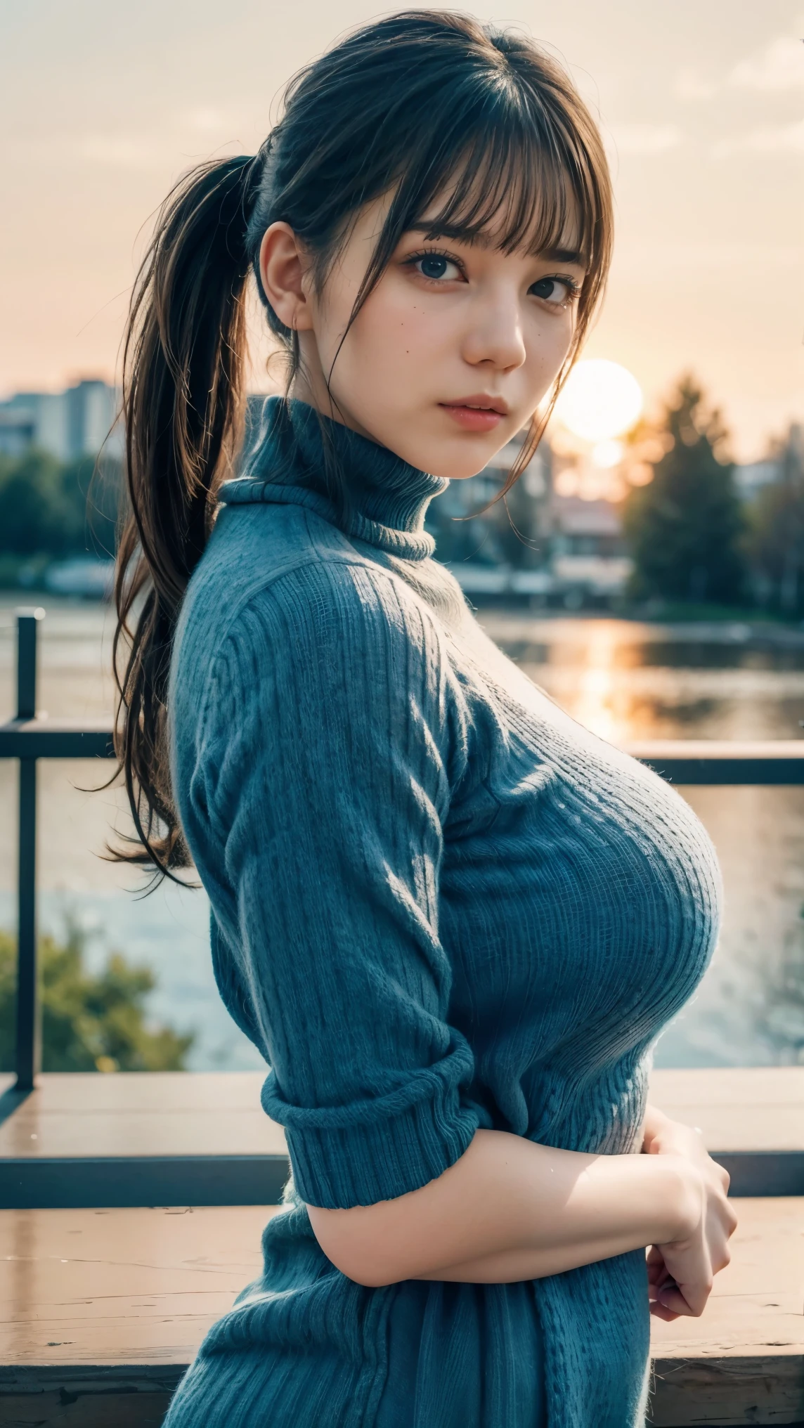 A beautiful girl with a ponytail,bangs, ((Gigantic breasts)), wearing a turtleneck dress, (Angle from the waist up), sunset, (from front), (best quality,4k,8k,highres,masterpiece:1.2),ultra-detailed,(realistic,photorealistic,photo-realistic:1.37),vivid colors,flawless face,natural lighting,detailed eyes,detailed lips,extremely detailed face,long eyelashes,1girl